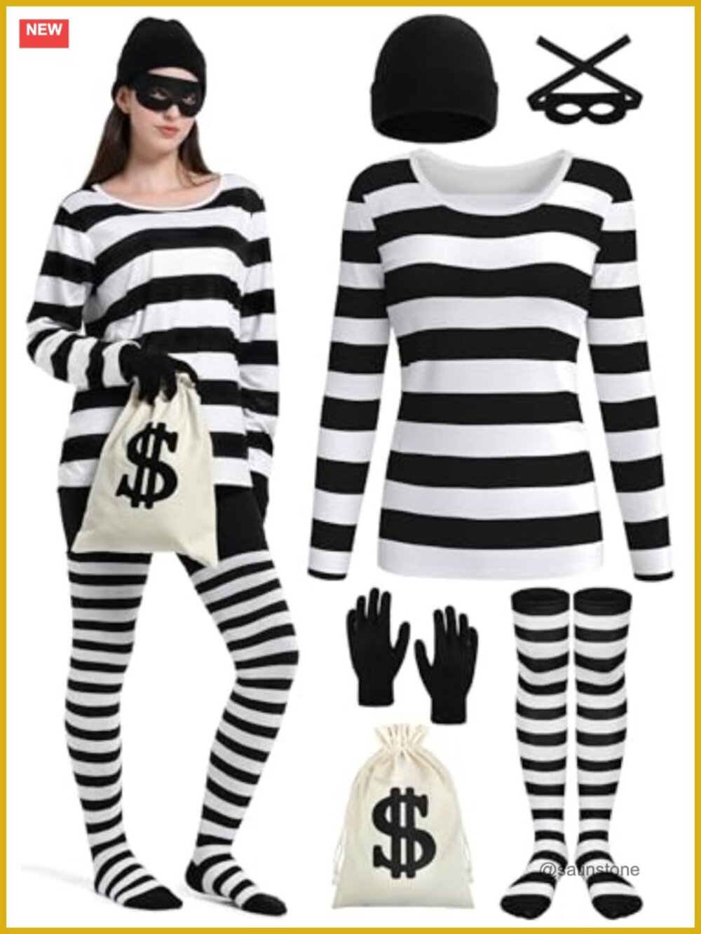 6 Pc Robber Costume Set Women Striped Shirt Beanie Mask Gloves Socks Money Bag